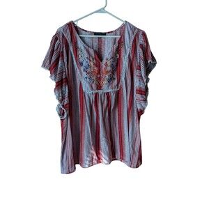 Signature I Studio Women's White & red Striped Flared Sleeve Blouse Top Sz 2X